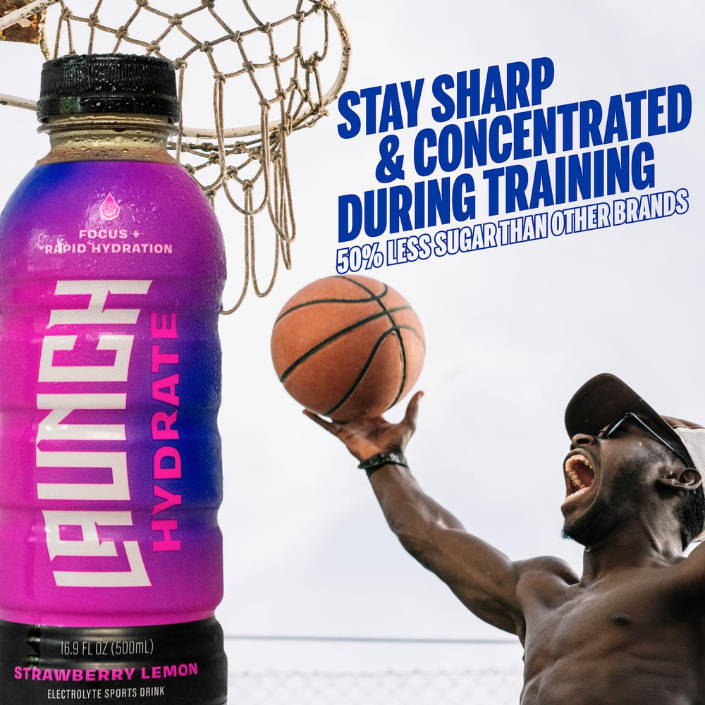 Launch Hydrate in a gym bag scene suggests hydration on the go during training.