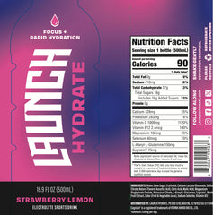 Launch Hydrate pack side displays branding and serving info.