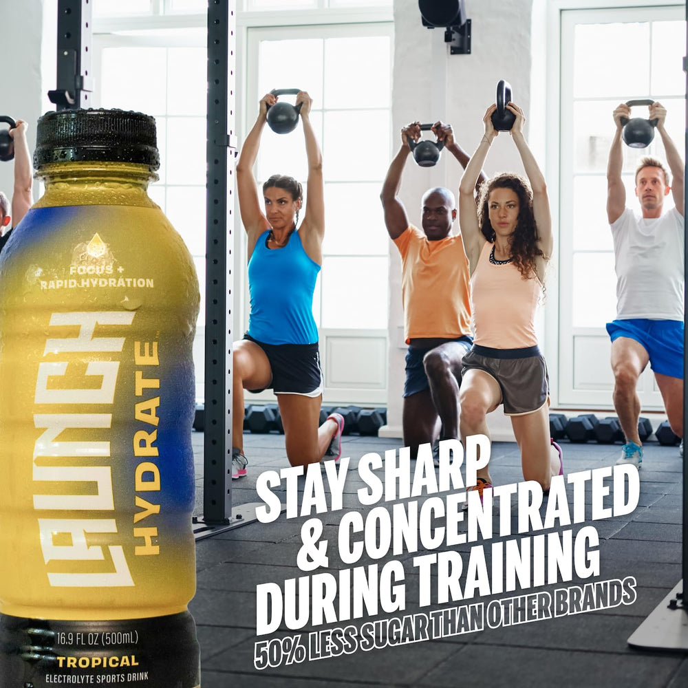 Launch Hydrate Tropical athlete using bottle during activity.