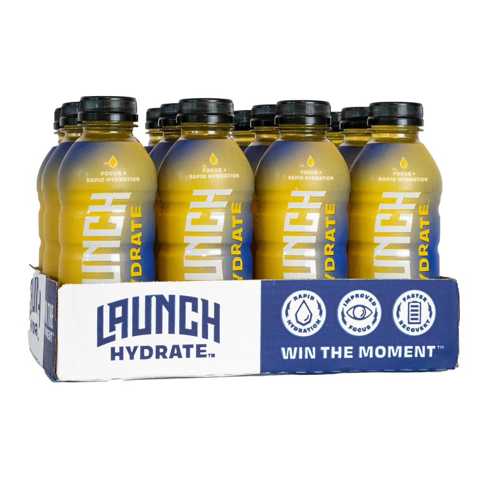 Launch Hydrate Tropical bottle side view for on-the-go hydration.
