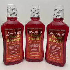 Three-pack display of Lavoris Original Cinnamon Mouthwash for family use.