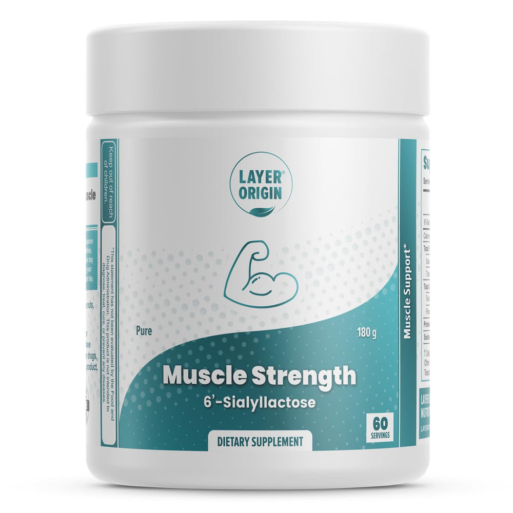 Layer Origin 6'-SL HMO bottle label highlighting a clean formula for muscle support.