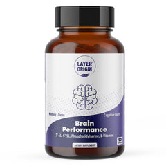Layer Origin Brain Performance bottle highlights 3'SL and 6'SL for focused mental clarity.