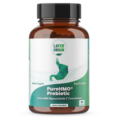 Layer Origin PureHMO bottle showing daily prebiotic use for gut health support.