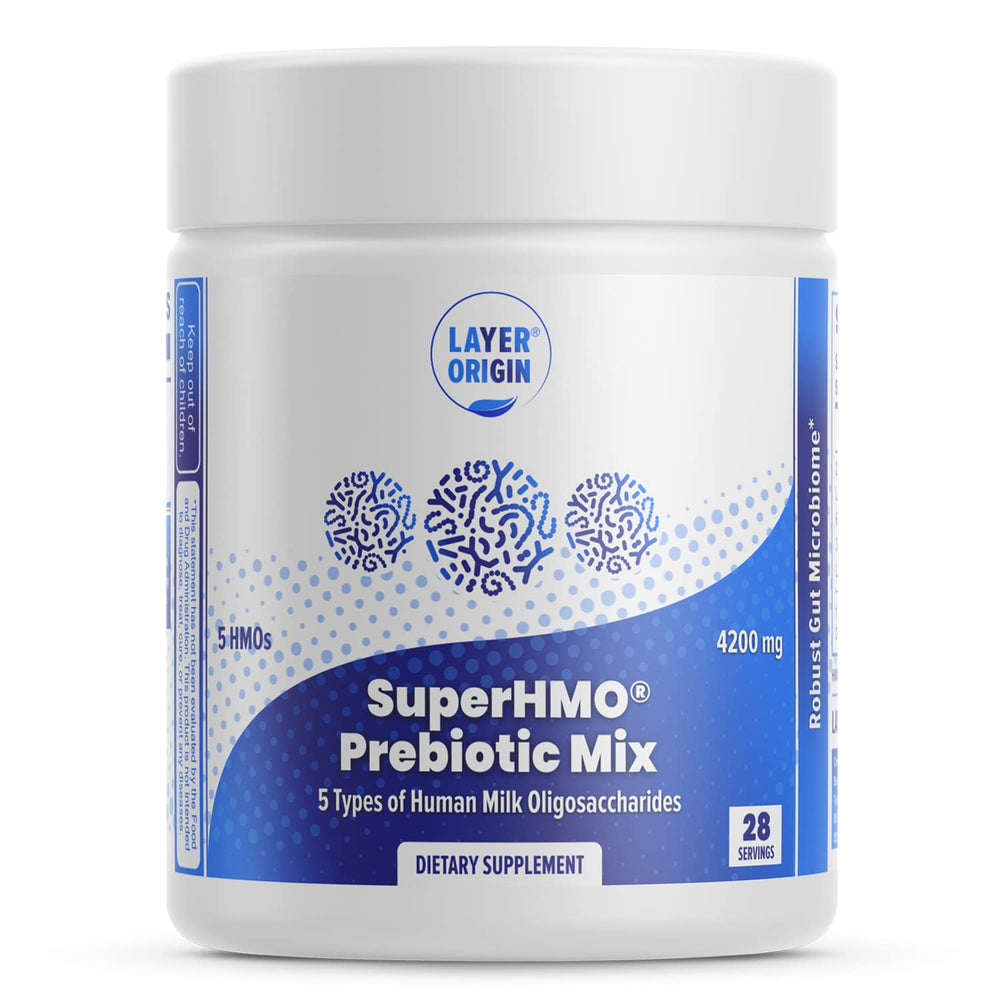 Layer Origin SuperHMO bottle label highlighting multi-HMO blend for gut balance and daily support.