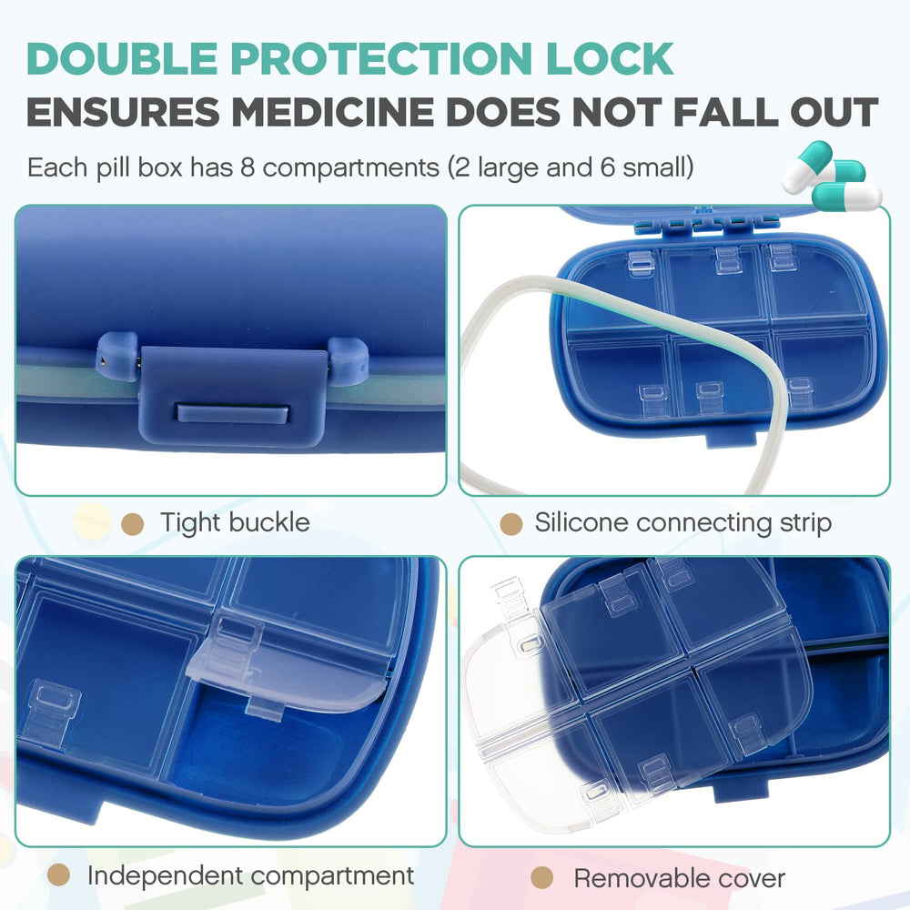Layhit travel pill organizer in dark blue designed for compact, portable medication sets.