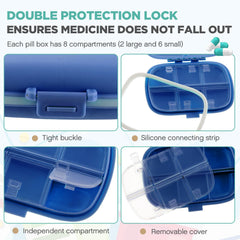 Layhit travel pill organizer in dark blue designed for compact, portable medication sets.
