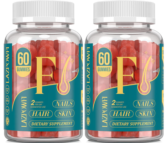 Lazpowfi Biotin Gummies bottle front highlighting vegan B7 for healthier hair and nails.