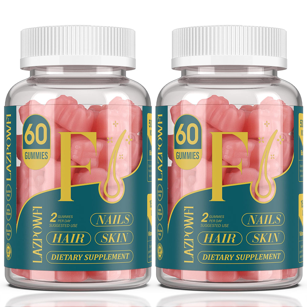 Lazpowfi Biotin Gummies bottle view showing vegan hair, skin, and nail support.