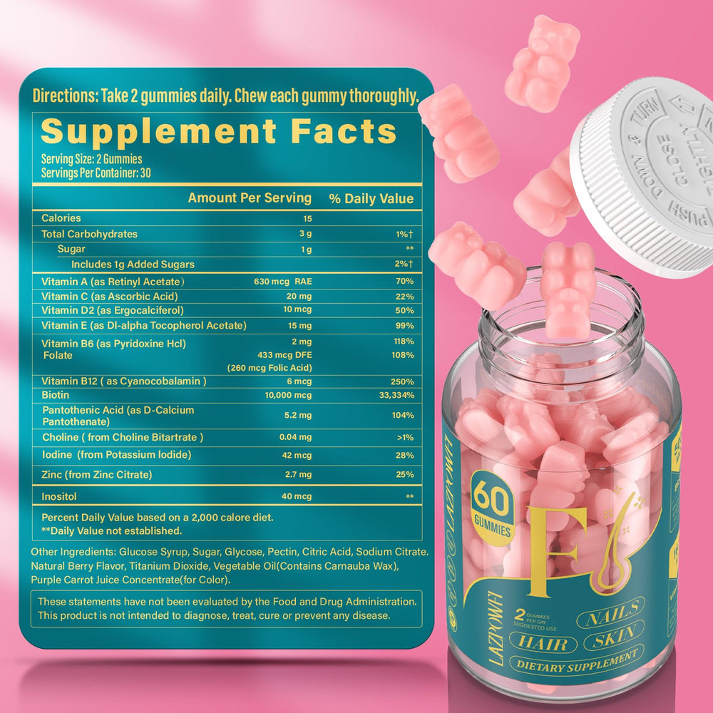 Lazpowfi Biotin Gummies lifestyle shot with healthy shine on hair and nails.