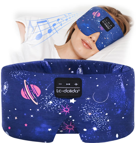 LC-dolida sleep mask with Bluetooth headphones on face for deep rest during travel.