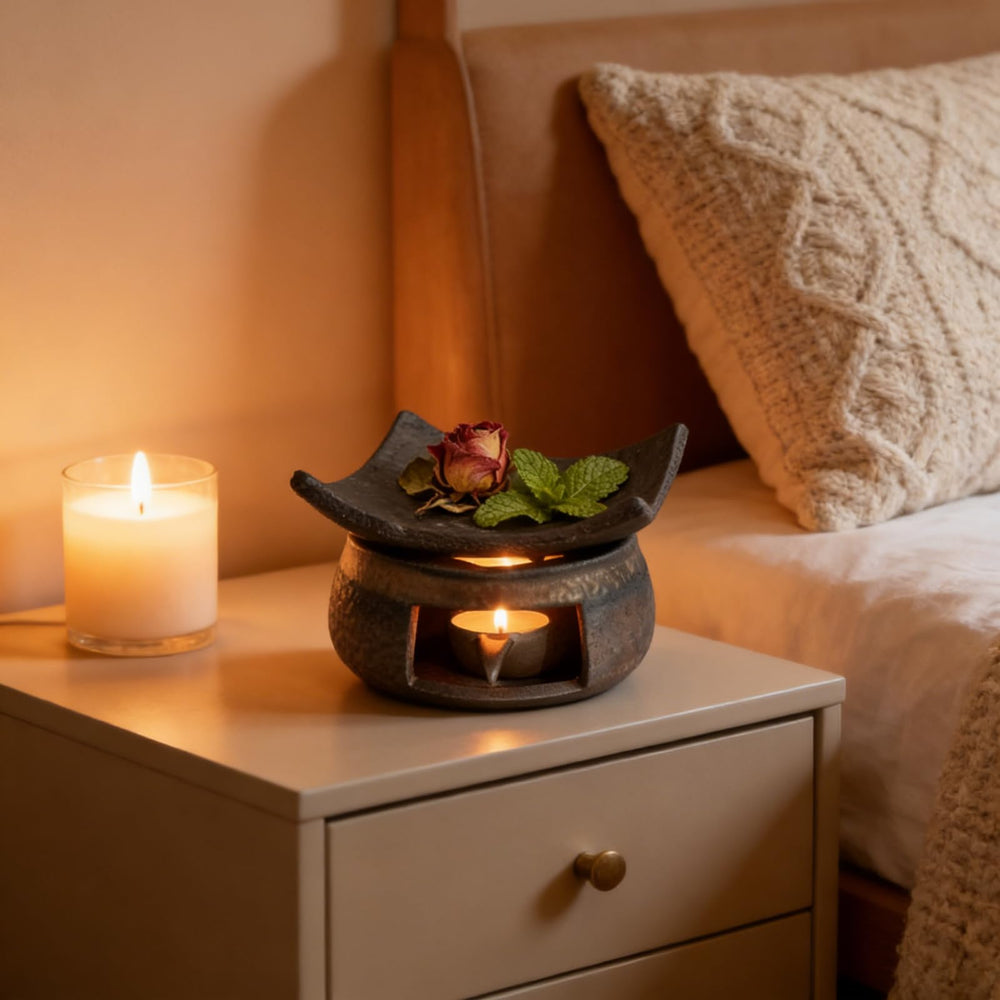 LDGSUPH Ceramic Burner with natural Thuja wood coaster supports stable, cozy tea-time ambiance.