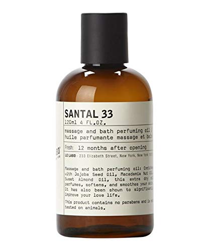 Le Labo Santal 33 massage oil for bath and body, enhances relaxing rituals.
