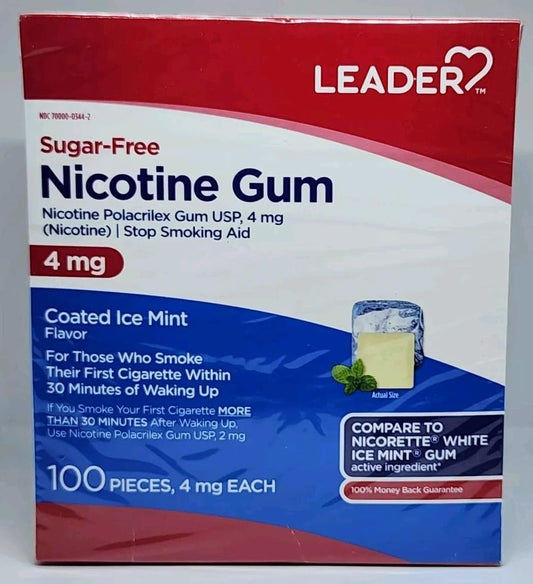 LEADER Nicotine Gum 4 mg mint piece for craving relief on the go.