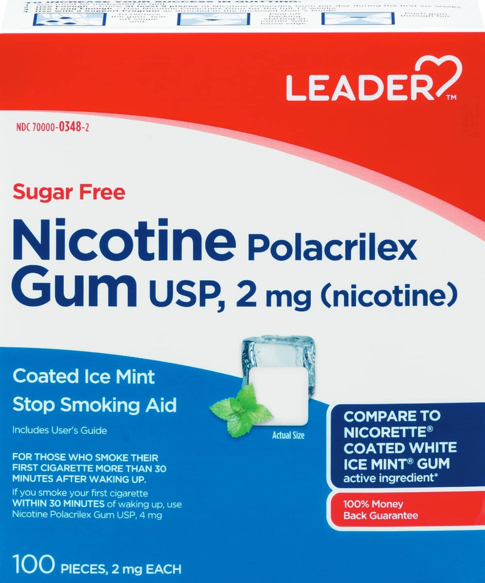 Leader nicotine gum ice mint 100-count jar for quick craving relief on the go.