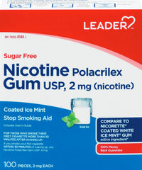 Leader nicotine gum ice mint 100-count jar for quick craving relief on the go.
