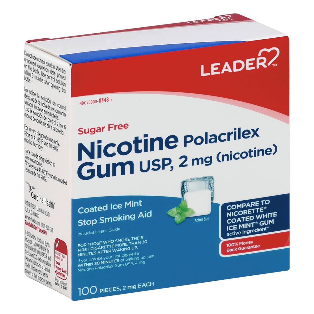 Leader nicotine gum ice mint box front shows packaging design and flavor identity.