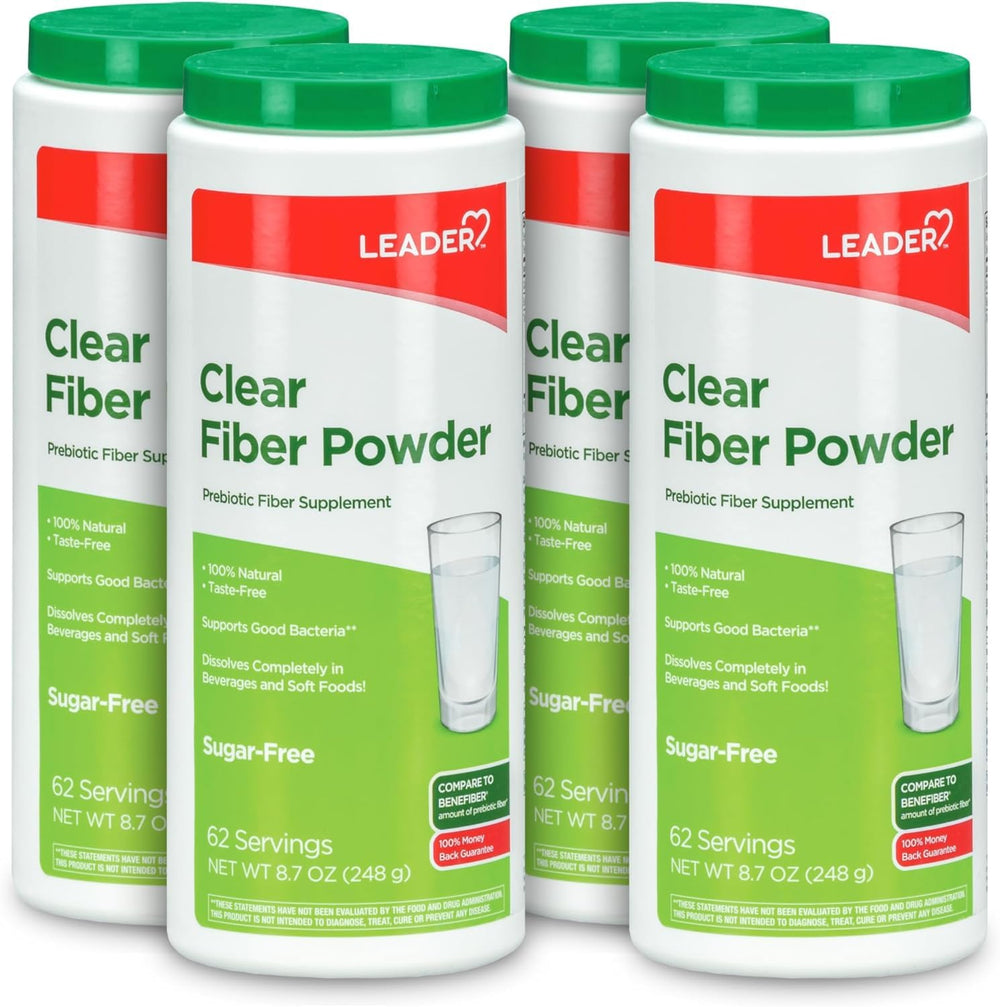 Leader prebiotic fiber powder packaging shows unflavored daily formula for gut support