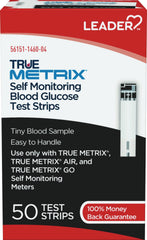 Leader True Metrix test strips box for reliable glucose testing on the go.