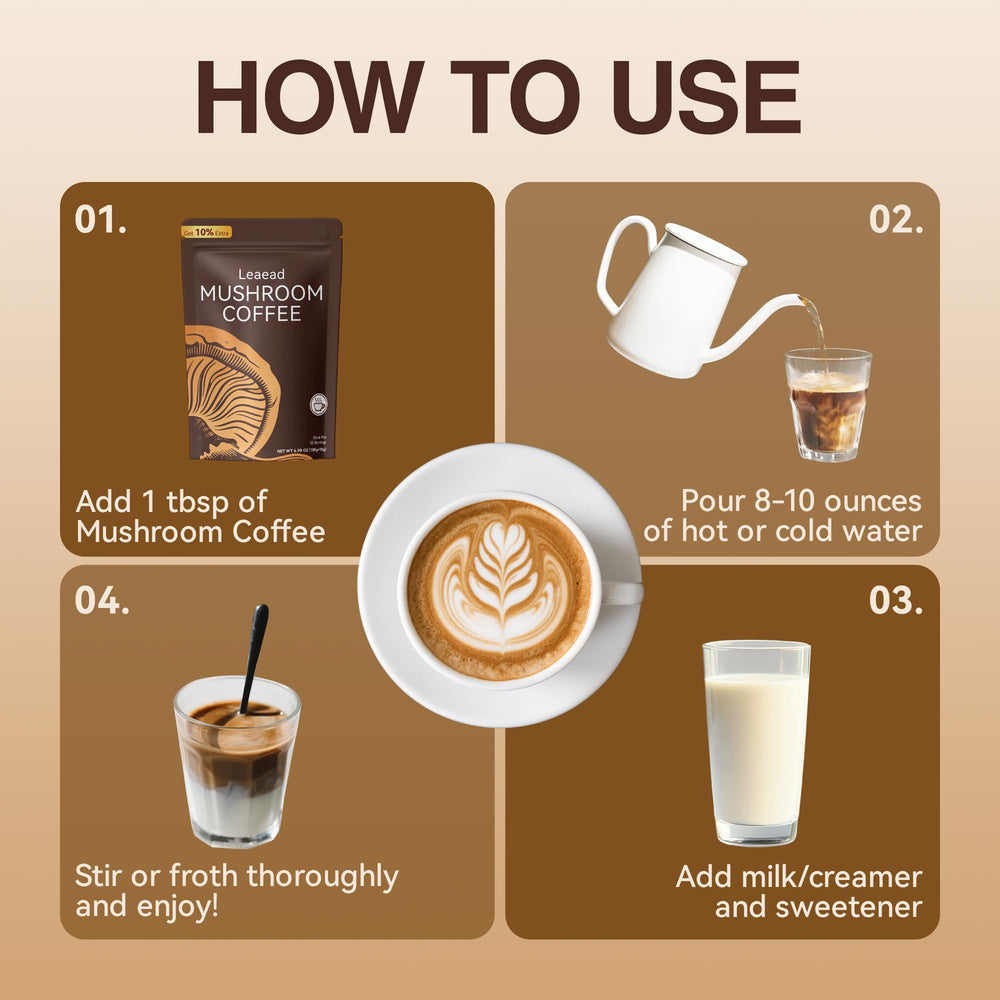 Leaead canister label highlights adaptogenic blend and premium coffee for daily balance.