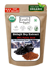 Leafy Organic Shilajit powder in a jar, full-spectrum extract for daily vitality and energy support.
