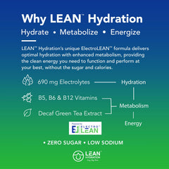 Glass with LEAN Hydration strawberry kiwi melon packet shows convenient zero-calorie hydration.
