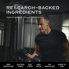LEAN Nutraceuticals ingredients chart showing tribulus, maca, and zinc for athletic support.