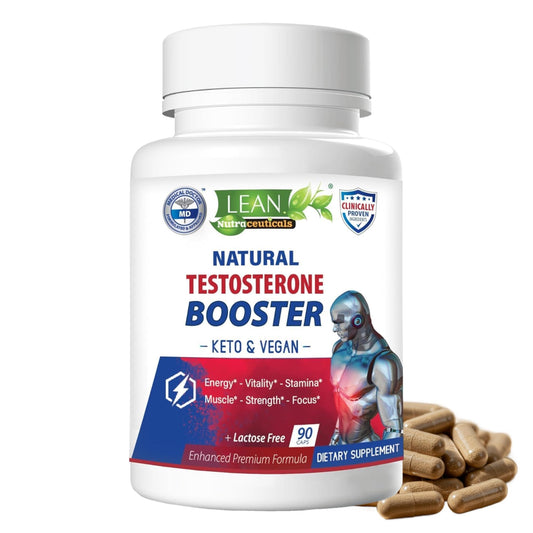 LEAN Nutraceuticals testosterone libido bottle shows capsules for daily energy and focus.
