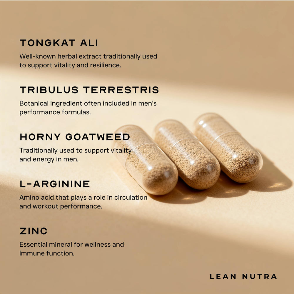 LEAN Nutraceuticals vegan capsules close up emphasizes plant based formula for vitality and endurance.