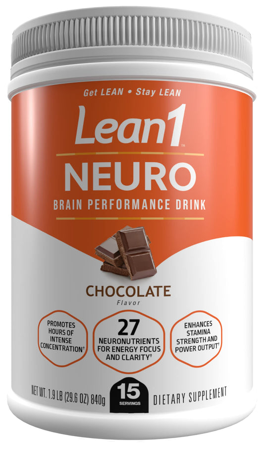 Lean1 Neuro Chocolate bottle front, premium brain-boost formula for focus