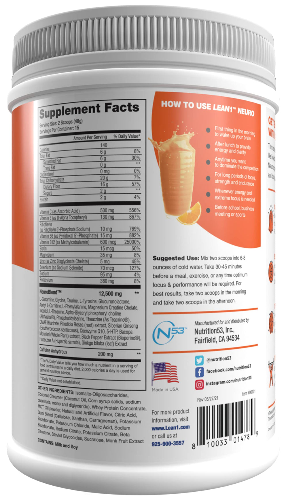Lean1 Neuro orange-stir shows powder mixing for a quick focus boost
