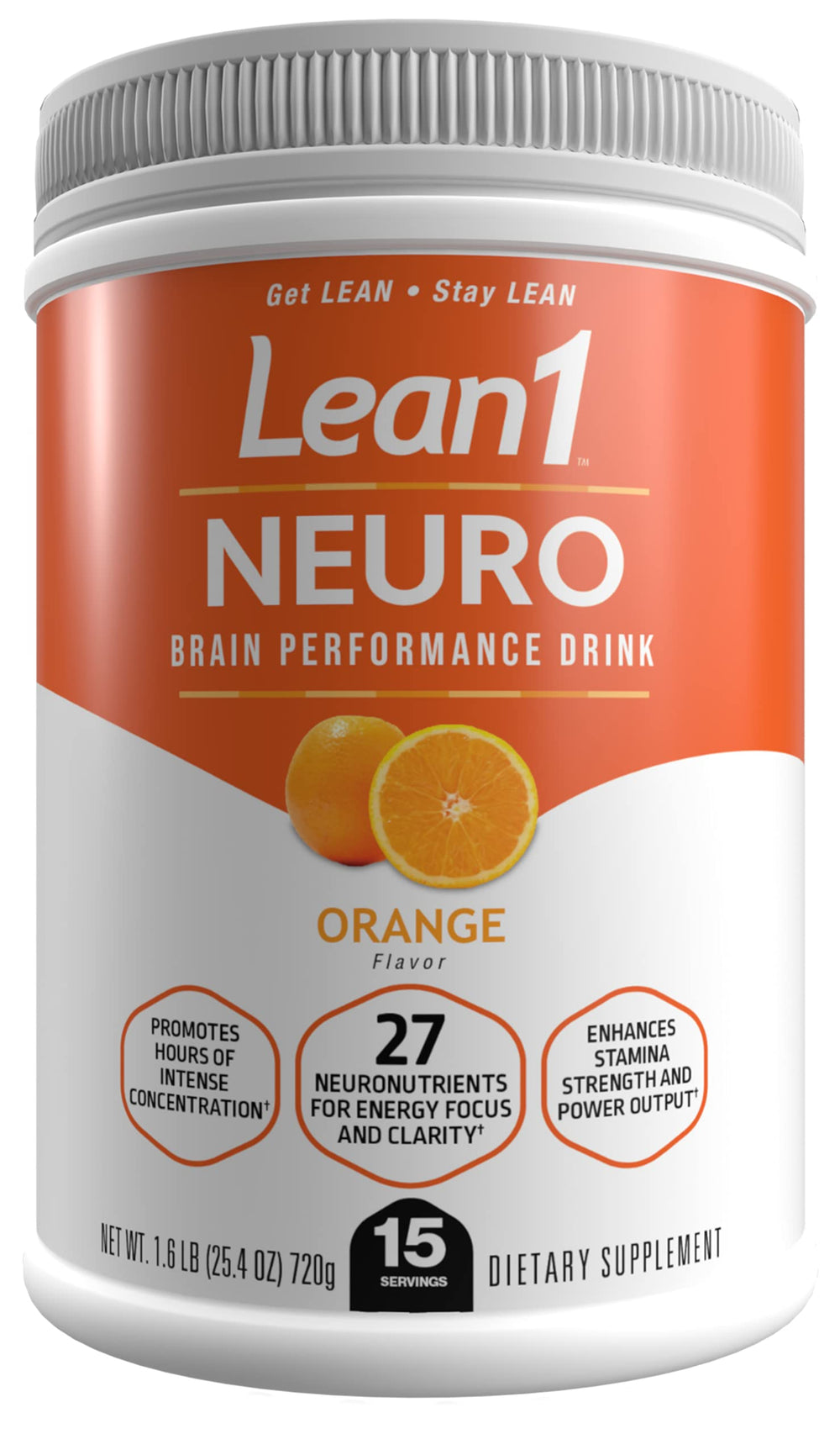 Lean1 Neuro orange tub displaying the label for daily focus and energy