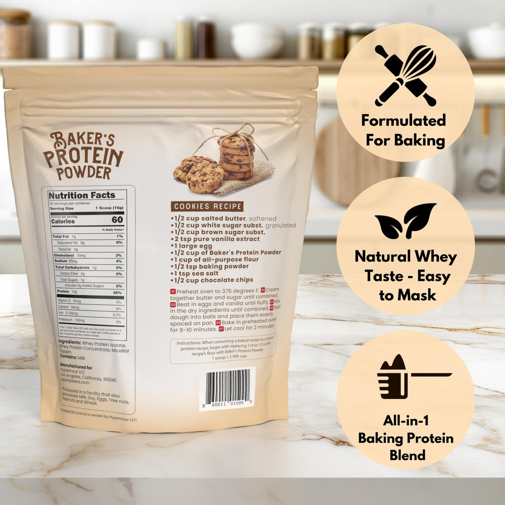 LEANBAKERS protein powder pre-measured scoop shown for precise baking portions.