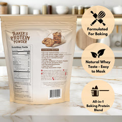 LEANBAKERS protein powder pre-measured scoop shown for precise baking portions.
