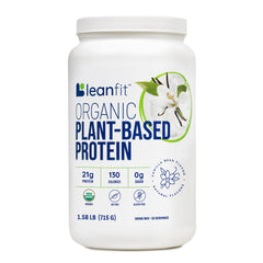 LeanFit vanilla protein powder tub front, vegan and organic.