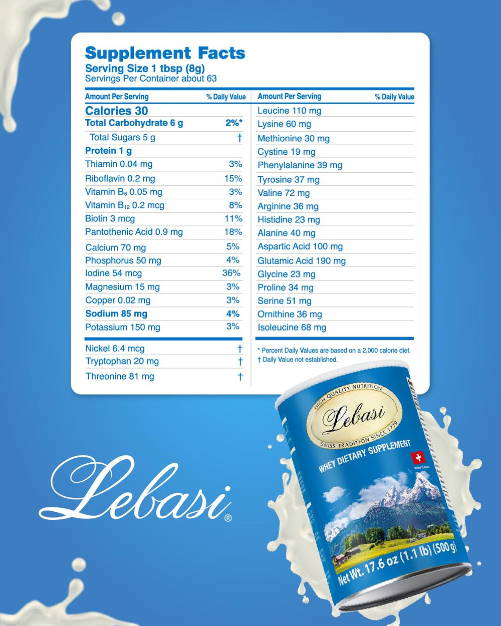 Lebasi Lactoserum powder with a scoop convenient for adding protein to smoothies.