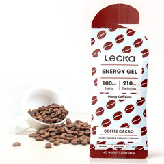 Lecka Coffee Cacao energy gel 12-pack ready for runners, signaling steady energy.
