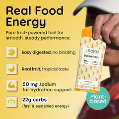 Lecka Energy Gel banana ingredients close-up shows basil seeds for texture.