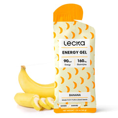Lecka Energy Gel banana packaging highlights real fruit energy for workouts.