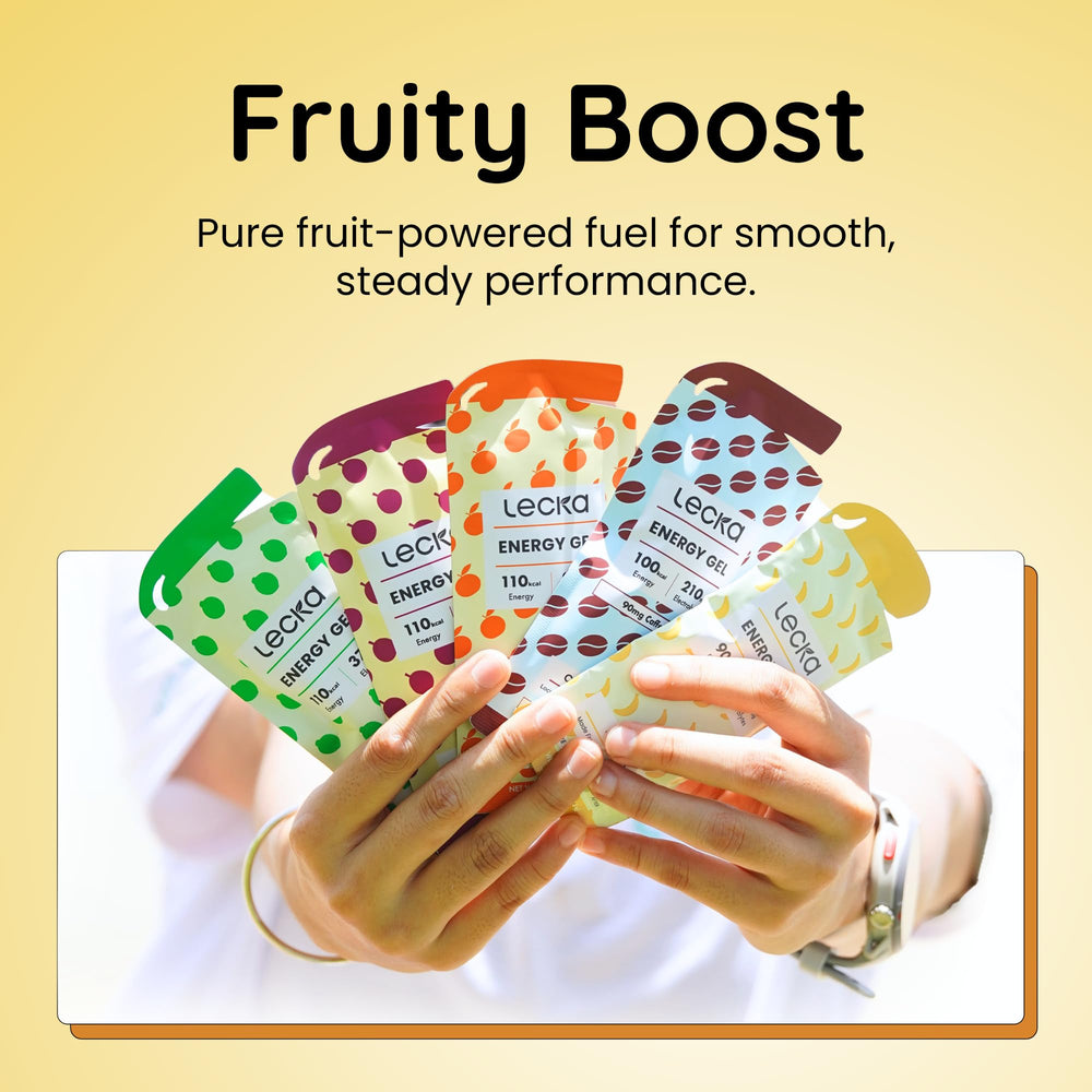 Lecka Energy Gel banana and passion fruit label emphasizes natural energy.