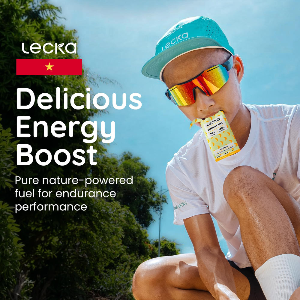 Lecka Energy Gel being squeezed during a trail run for mid-workout fueling.