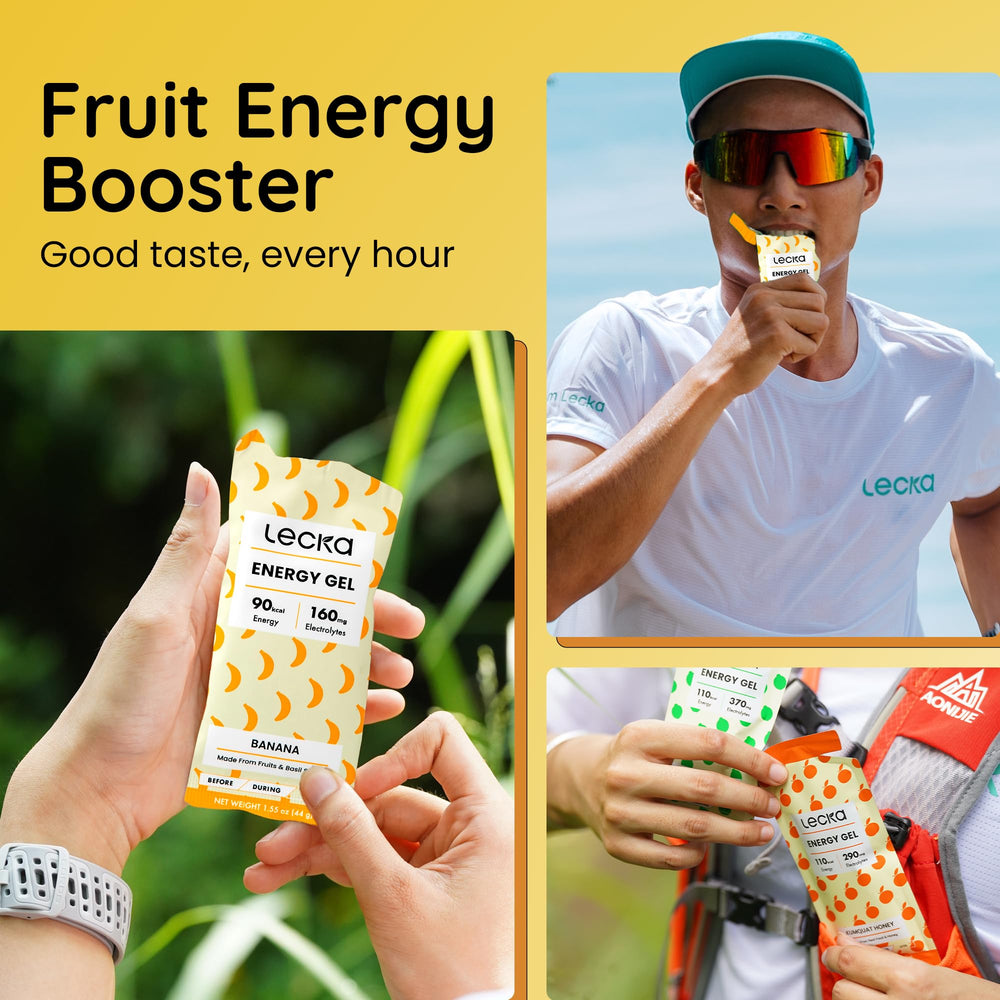 Lecka Energy Gel sits on a hydration pack, ready for on-the-go fueling.