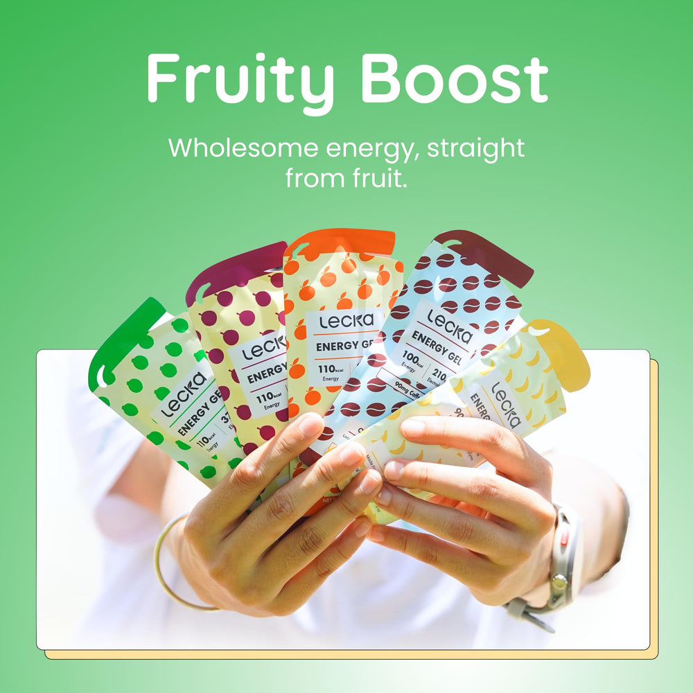 Lecka Energy Gels label shows 27g carbs from real fruit and brown rice syrup.