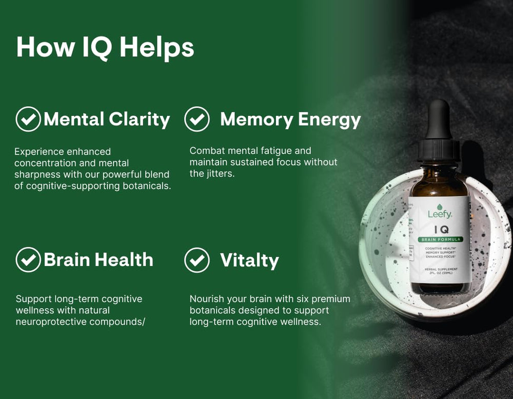 Leefy IQ Lions Mane bottle in a calm, focused study setting.