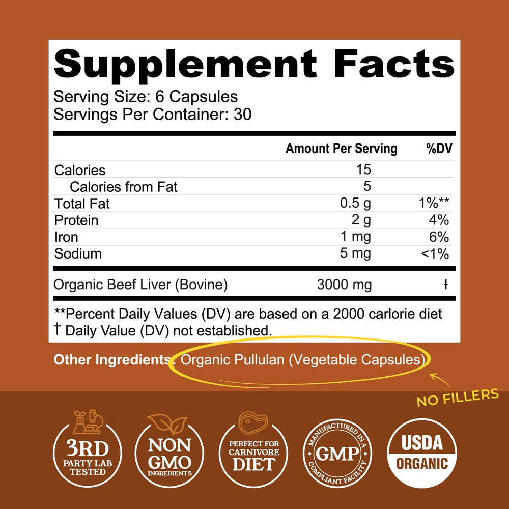 Left Coast Performance beef liver capsules closeup highlighting nutrient-dense formula.