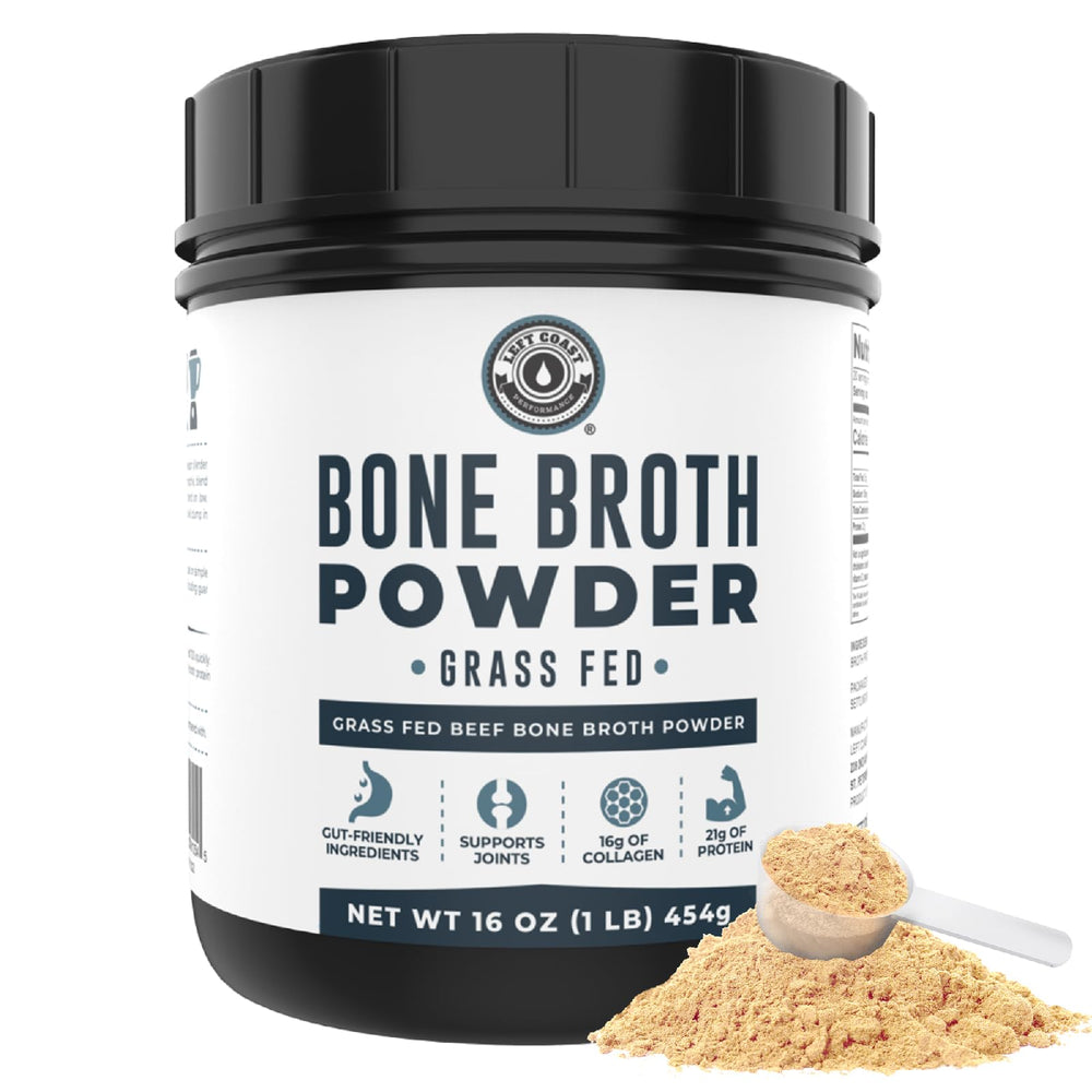 Left Coast Performance Bone Broth Protein tub half full, ready for serving
