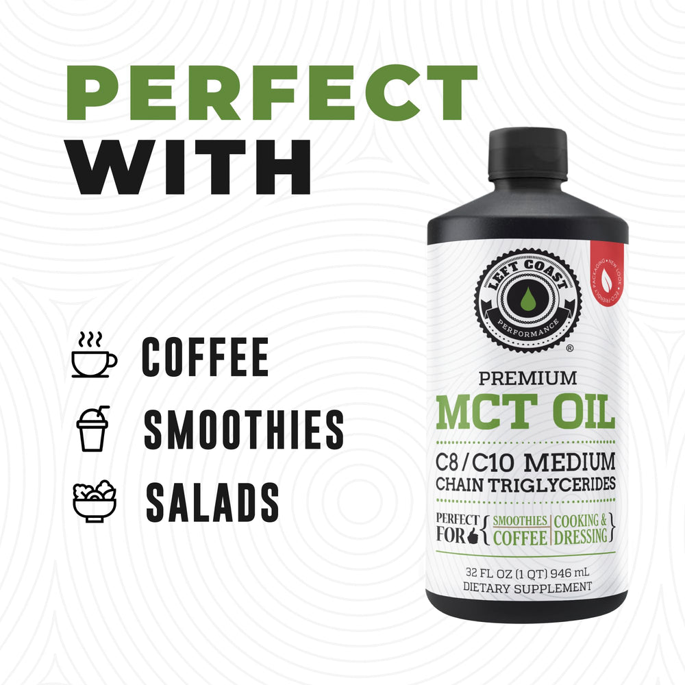 Left Coast Performance MCT oil label shows vegan and paleo friendly claim.