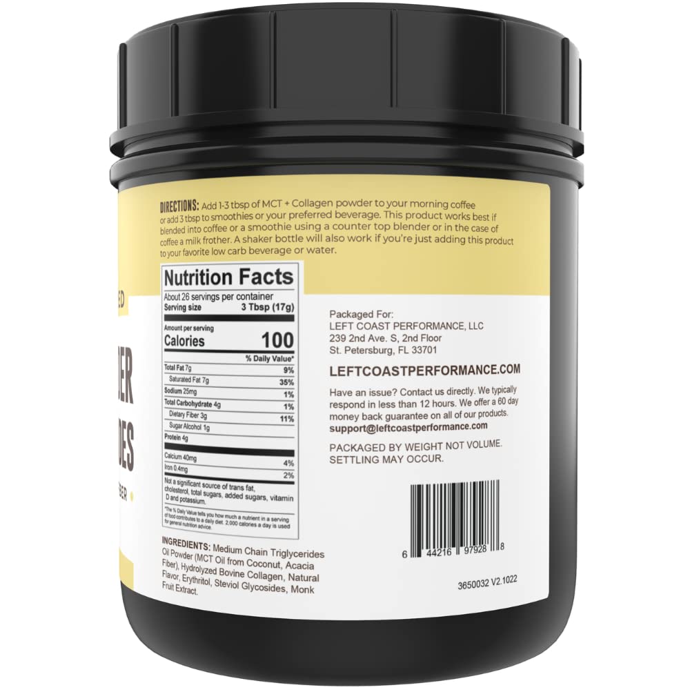 Left Coast Performance MCT Oil Powder espresso cup showing keto-friendly creamer use.