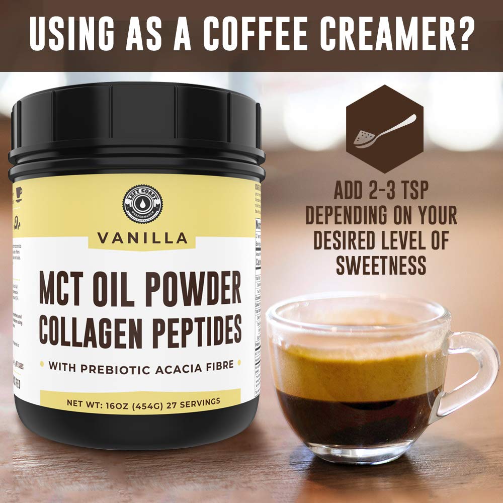 Left Coast Performance MCT Oil Powder glass jar highlights collagen peptides.