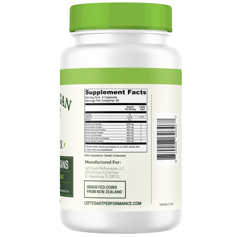 Non-GMO, no fillers label on Left Coast Performance beef organ supplement